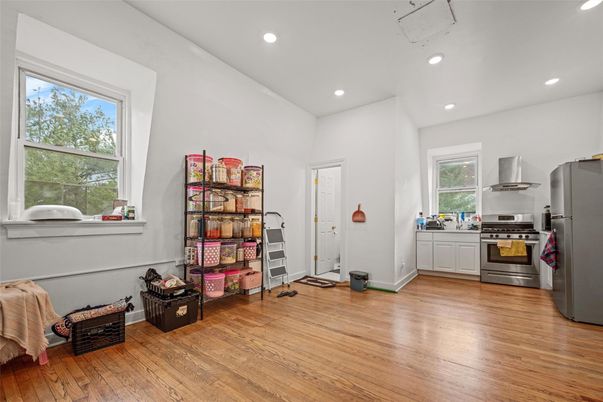 Interior, Kitchen, Recessed Lighting, Stainless Steel Appliances, Wood Texture Flooring