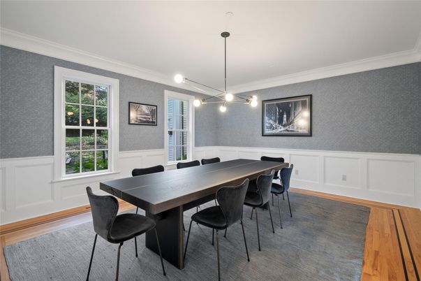 Dining room, Interior, Pendant Lights, Wood Texture Flooring