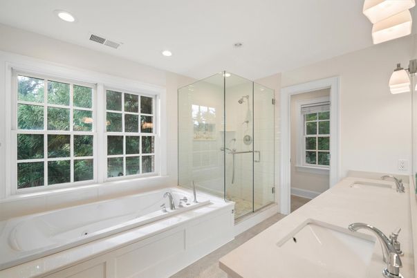 Bathroom, Dual Sink Vanities, Glass Shower, Interior, Recessed Lighting