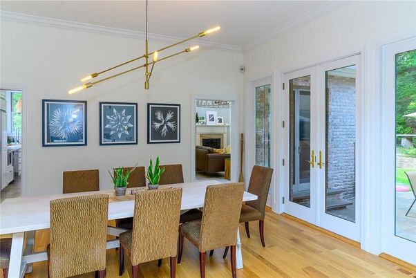 Dining room, Fireplace, Interior, Pendant Lights, Recessed Lighting, Wood Texture Flooring