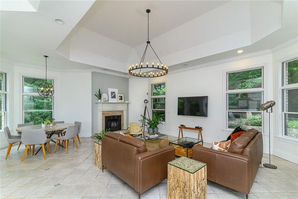 Chandelier, Dining room, Fireplace, Interior, Living room, Pendant Lights, Recessed Lighting