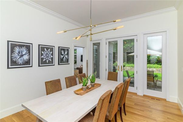 Dining room, Interior, Pendant Lights, Wood Texture Flooring