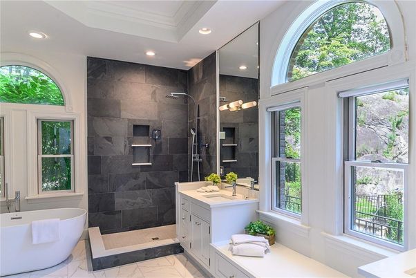 Bathroom, Dual Sink Vanities, Free Standing Baths, Glass Shower, Interior, Marble, Marble Walls, Recessed Lighting