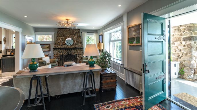 Fireplace, Home Office, Interior, Recessed Lighting, Stone Walls, Wood Texture Flooring