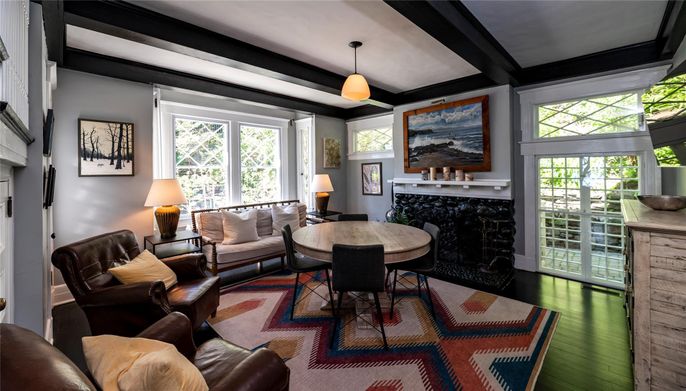 Dining room, Fireplace, Interior, Living room, Pendant Lights, Wood Texture Flooring