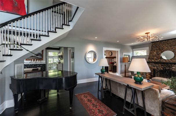 Fireplace, Interior, Piano, Recessed Lighting, Stone Walls, Wood Texture Flooring
