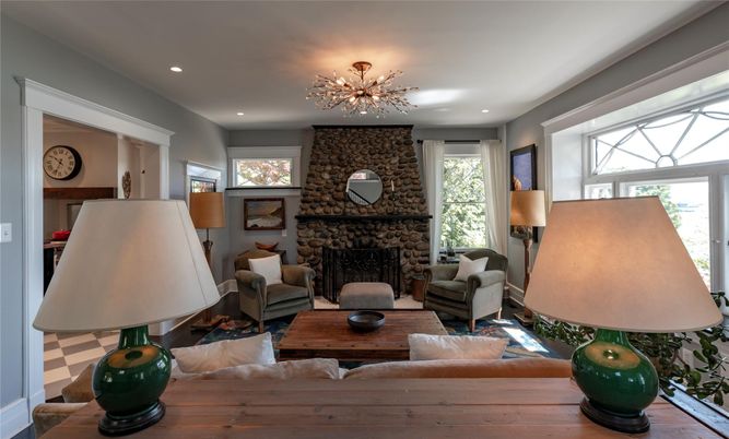 Fireplace, Interior, Living room, Recessed Lighting, Stone Walls, Wood Texture Flooring