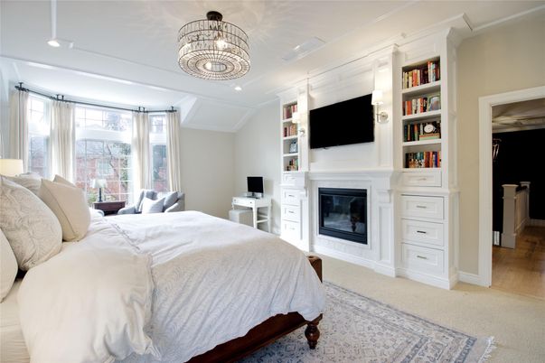 Bedroom, Chandelier, Fireplace, Interior, Recessed Lighting, Wood Texture Flooring