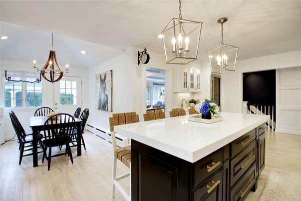 Chandelier, Dining room, Interior, Kitchen, Pendant Lights, Recessed Lighting, Wood Texture Flooring