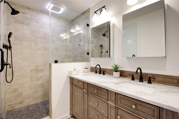 Bathroom, Dual Sink Vanities, Glass Shower, Interior, Stone Walls