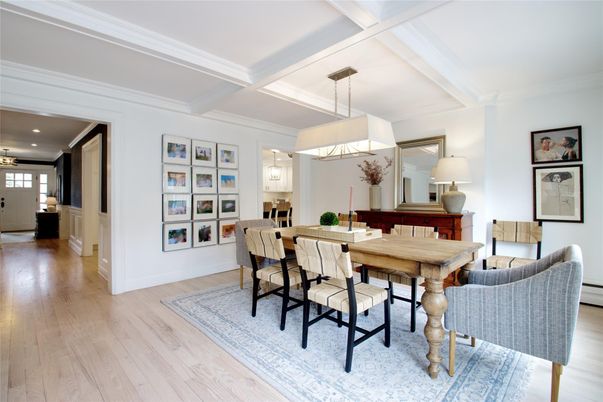 Dining room, Interior, Pendant Lights, Recessed Lighting, Wood Texture Flooring