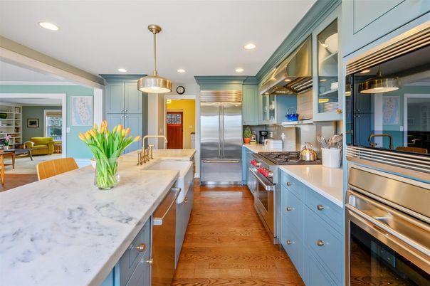 Interior, Kitchen, Pendant Lights, Recessed Lighting, Stainless Steel Appliances, Wood Texture Flooring