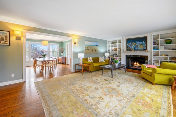 Dining room, Fireplace, Interior, Living room, Wood Texture Flooring