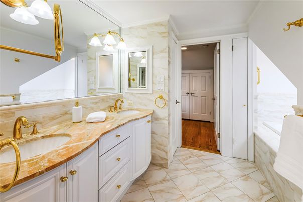 Bathroom, Dual Sink Vanities, Interior, Marble, Wood Texture Flooring