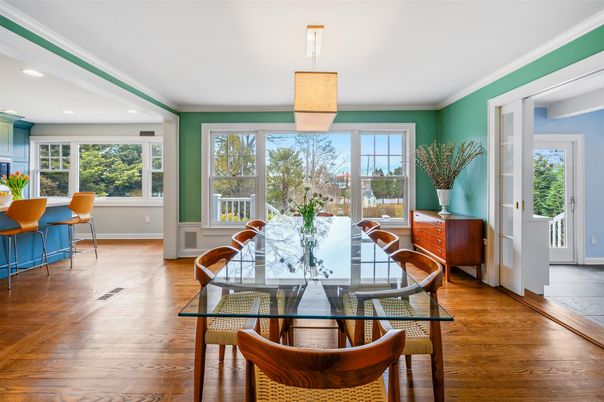Dining room, Interior, Recessed Lighting, Wood Texture Flooring
