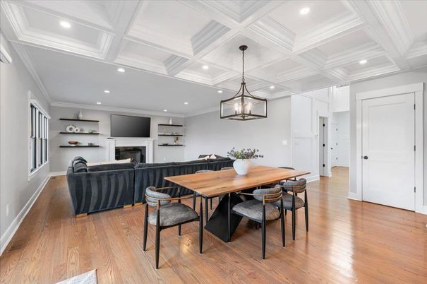Dining room, Fireplace, Interior, Living room, Pendant Lights, Recessed Lighting, Wood Texture Flooring