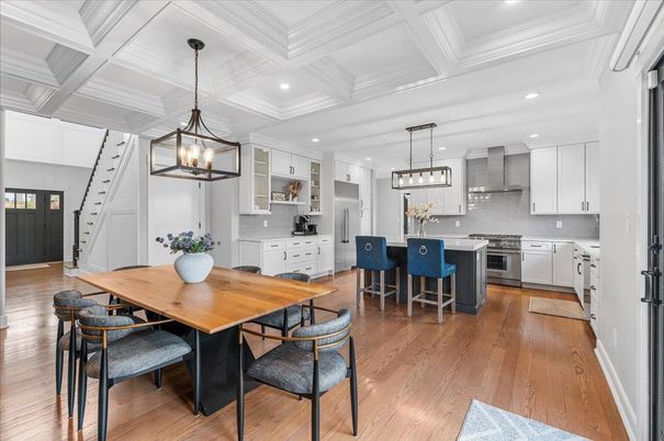 Dining room, Interior, Kitchen, Pendant Lights, Recessed Lighting, Stainless Steel Appliances, Wood Texture Flooring