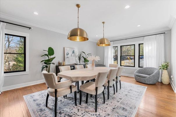 Dining room, Interior, Pendant Lights, Recessed Lighting, Wood Texture Flooring
