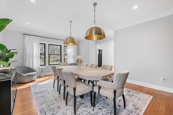 Dining room, Interior, Pendant Lights, Recessed Lighting, Wood Texture Flooring