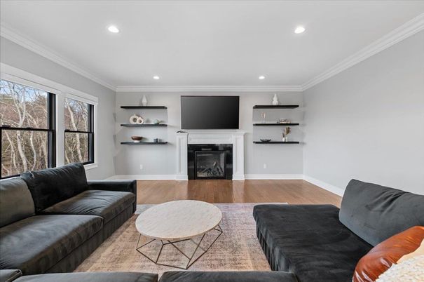 Fireplace, Interior, Living room, Recessed Lighting, Wood Texture Flooring