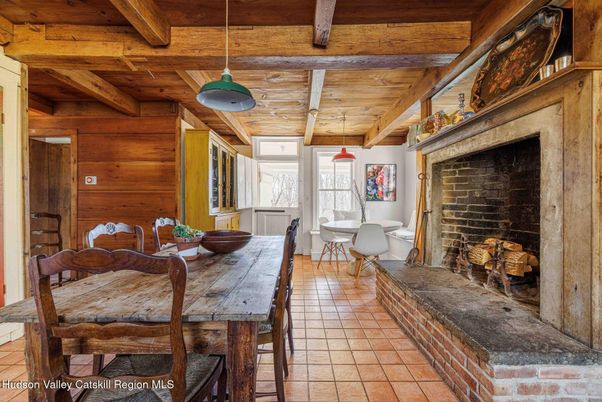 Dining room, Fireplace, Interior, Pendant Lights, Wooden Beams, Wooden Ceilings, Wooden Walls