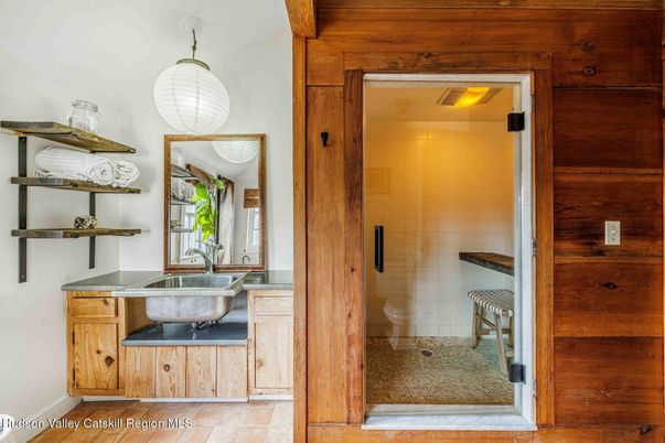 Bathroom, Glass Shower, Interior, Wooden Walls