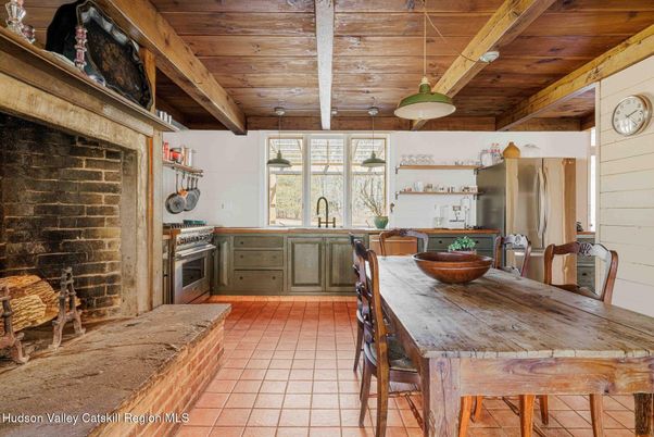 Dining room, Interior, Kitchen, Pendant Lights, Stainless Steel Appliances, Stone Walls, Wooden Beams, Wooden Ceilings
