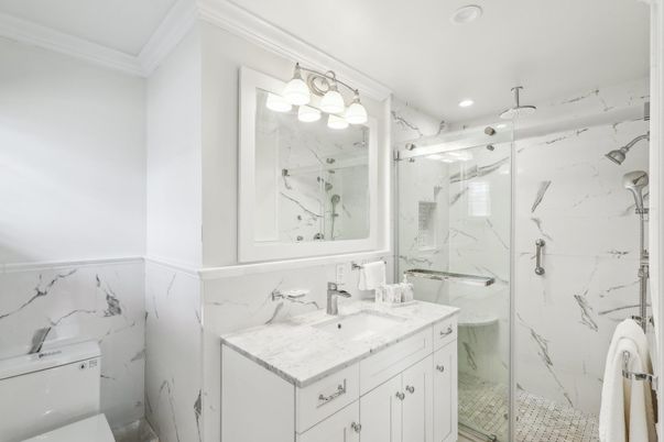 Bathroom, Glass Shower, Interior, Marble Walls, Recessed Lighting