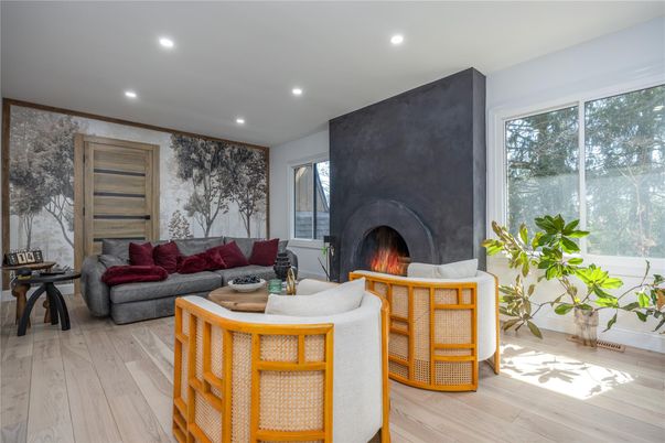 Fireplace, Interior, Living room, Recessed Lighting, Wood Texture Flooring