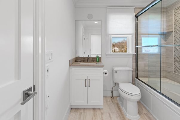 Bathroom, Glass Shower, Interior, Recessed Lighting, Wood Texture Flooring