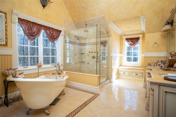 Bathroom, Free Standing Baths, Glass Shower, Interior, Recessed Lighting