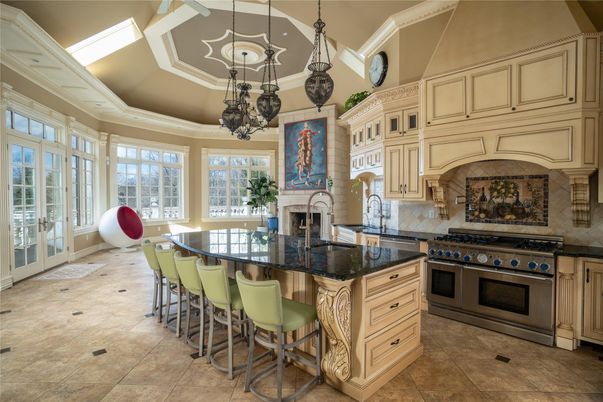 Fireplace, Interior, Kitchen, Pendant Lights, Stainless Steel Appliances