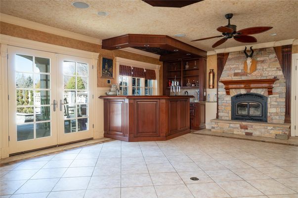 Fireplace, Interior, Recessed Lighting, Stone Walls
