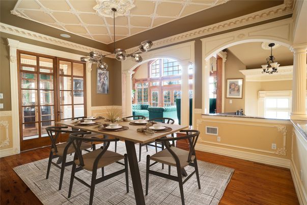 Chandelier, Dining room, Interior, Pendant Lights, Wood Texture Flooring