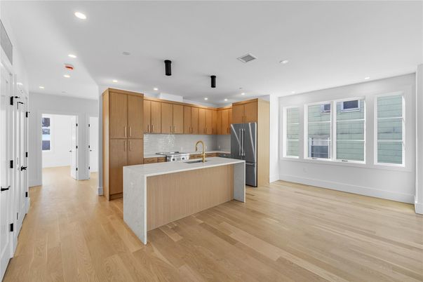 Interior, Kitchen, Recessed Lighting, Stainless Steel Appliances, Wood Texture Flooring