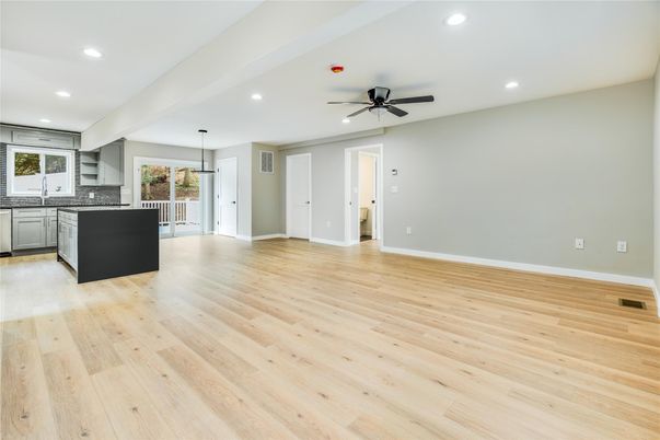 Empty room, Interior, Kitchen, Pendant Lights, Recessed Lighting, Wood Texture Flooring