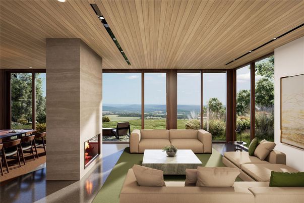 Dining room, Fireplace, Interior, Living room, Recessed Lighting, Water, Wooden Ceilings