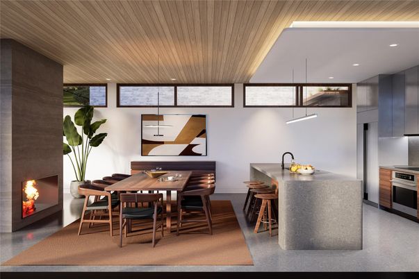 Dining room, Fireplace, Interior, Kitchen, Pendant Lights, Recessed Lighting, Stainless Steel Appliances