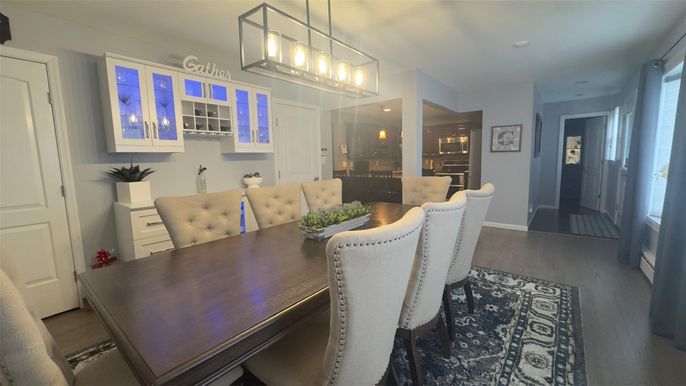 Dining room, Interior, Pendant Lights, Recessed Lighting, Wood Texture Flooring
