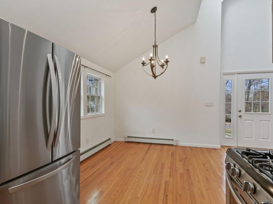 Chandelier, Interior, Kitchen, Stainless Steel Appliances, Wood Texture Flooring