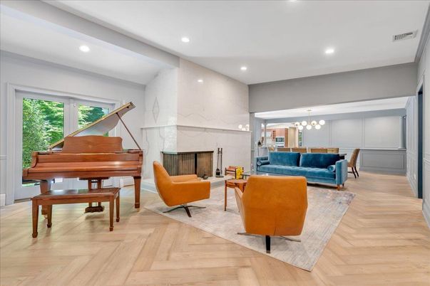 Fireplace, Interior, Living room, Marble Walls, Piano, Recessed Lighting, Wood Texture Flooring