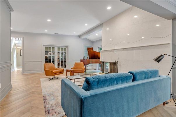 Fireplace, Interior, Living room, Marble Walls, Recessed Lighting, Wood Texture Flooring