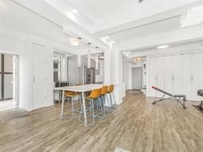Fitness Equipment, Interior, Kitchen, Recessed Lighting, Wood Texture Flooring