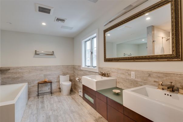 Bathroom, Dual Sink Vanities, Interior, Recessed Lighting, Wood Texture Flooring