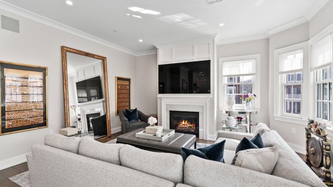 Fireplace, Interior, Living room, Recessed Lighting, Wood Texture Flooring