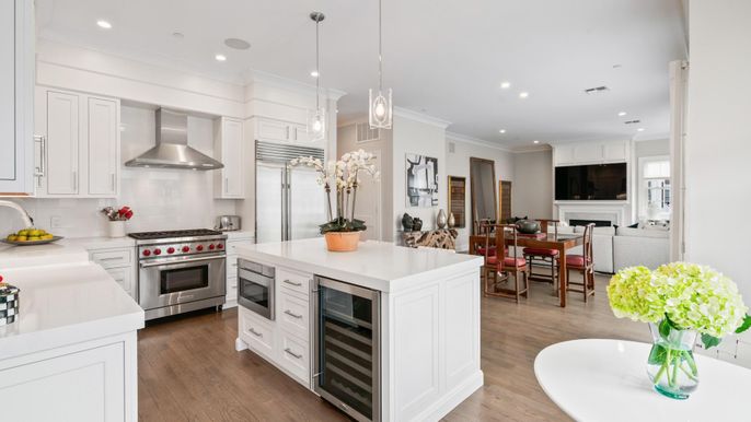 Dining room, Fireplace, Interior, Kitchen, Living room, Pendant Lights, Recessed Lighting, Stainless Steel Appliances, Wood Texture Flooring