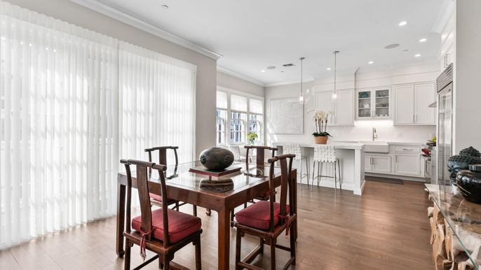 Dining room, Interior, Kitchen, Pendant Lights, Recessed Lighting, Wood Texture Flooring