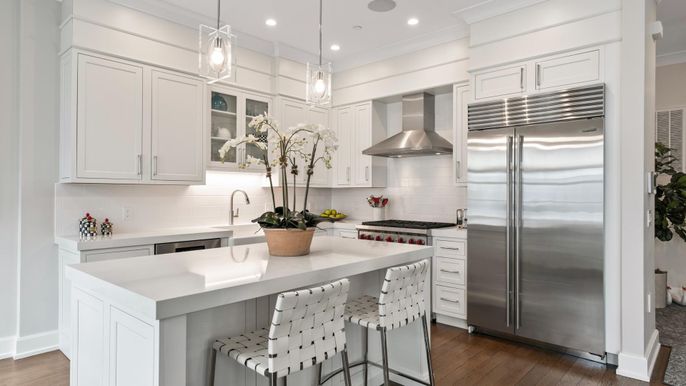 Interior, Kitchen, Pendant Lights, Recessed Lighting, Stainless Steel Appliances, Wood Texture Flooring