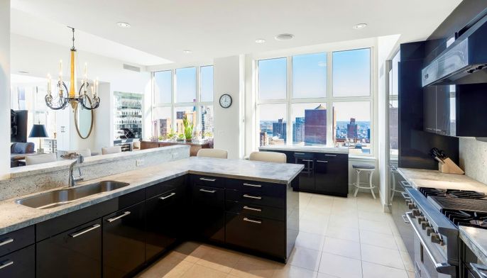 Chandelier, Interior, Kitchen, Recessed Lighting, Stainless Steel Appliances