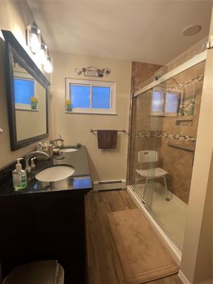 Bathroom, Glass Shower, Interior, Wood Texture Flooring